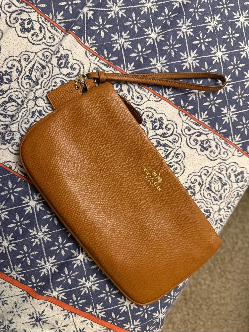 Coach Pebble Leather Wristlet in Tan Brown with Gold Logo